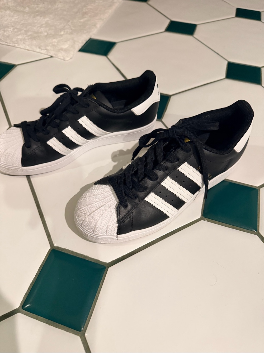 Adidas Superstar Leather Sneaker - Black White with Gold Tongue Logo - Picture 3 of 9